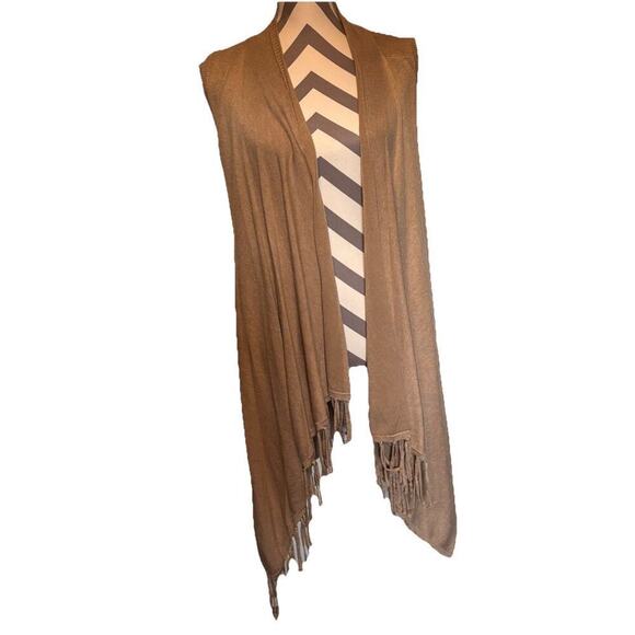 Joseph A Womens Tan Shawl Cape Fringe M Open Sleeveless Knee Length Ranchwear - Picture 1 of 5